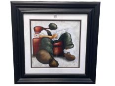 Lou Harris, Gentleman Reading in a Chair, oil on paper, signed lower right, 39cm by 39cm, framed.