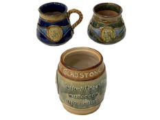 Two Royal Doulton stoneware Nelson commemoratives and Gladstone jar, tallest 12cm (3).