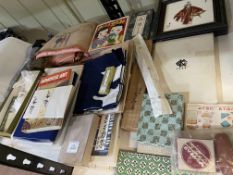 Japanese Art interest including linens, wall plaque, blocks, books, etc.