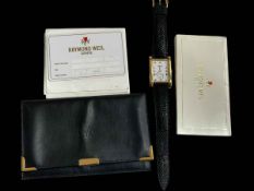 Raymond Weil tank style 18 carat gold plated wristwatch with papers.