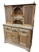 Stripped Victorian dresser, the top having two cupboard doors,