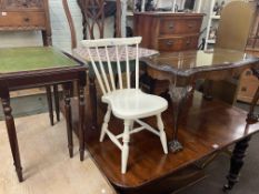 Burr walnut shaped top coffee table on ball and claw legs, painted child's chair,