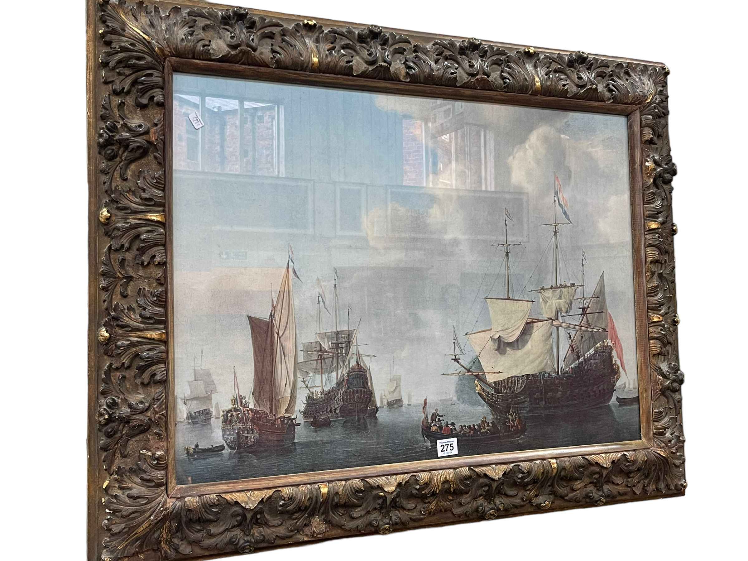 Gilt framed coloured print of 18th/19th Century French Warships, 70cm by 90cm, including frame.