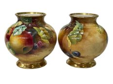 Pair Caverswall fruit painted vases, no 8 of 30 edition, signed R Shuttlebotham, 12cm.