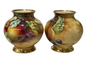 Pair Caverswall fruit painted vases, no 8 of 30 edition, signed R Shuttlebotham, 12cm.