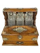 Oak and EPNS mounted three bottle decanter box with double lidded compartment.