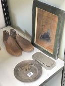 Rolls razor, pair of shoe trees, ink sketch of Mozart (possibly by an Austrian Refugee?),