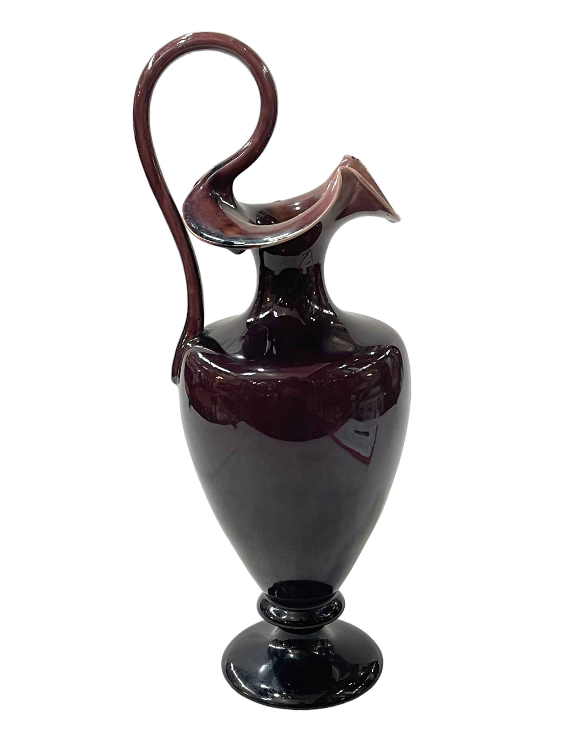 Large Linthorpe Pottery aubergine glazed loop handled ewer, shape number 21078, 38cm.