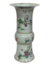 Large Chinese vase with flared rim and waisted band decorated with figures in landscapes,