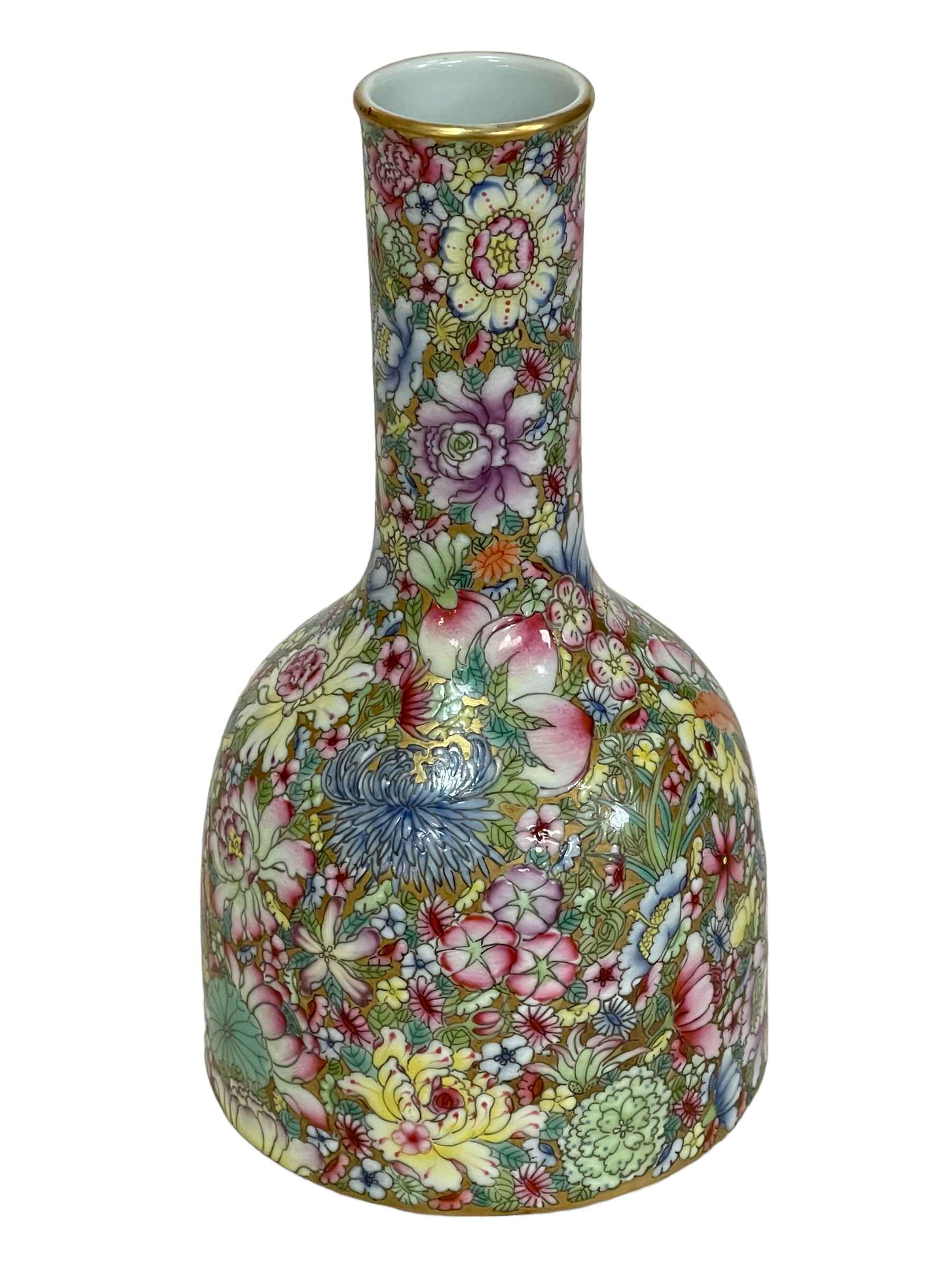 Chinese Famille Rose Mille Fleurs mallet shaped vase with six character mark to base, 18cm. - Image 2 of 3