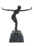 Art Deco style bronze of a Dancing Lady on stepped marble base, 48cm.