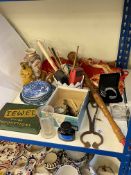 Set of bagpipes, 19th Century cast metal bear, blue and white plates, bracelets, collectables.