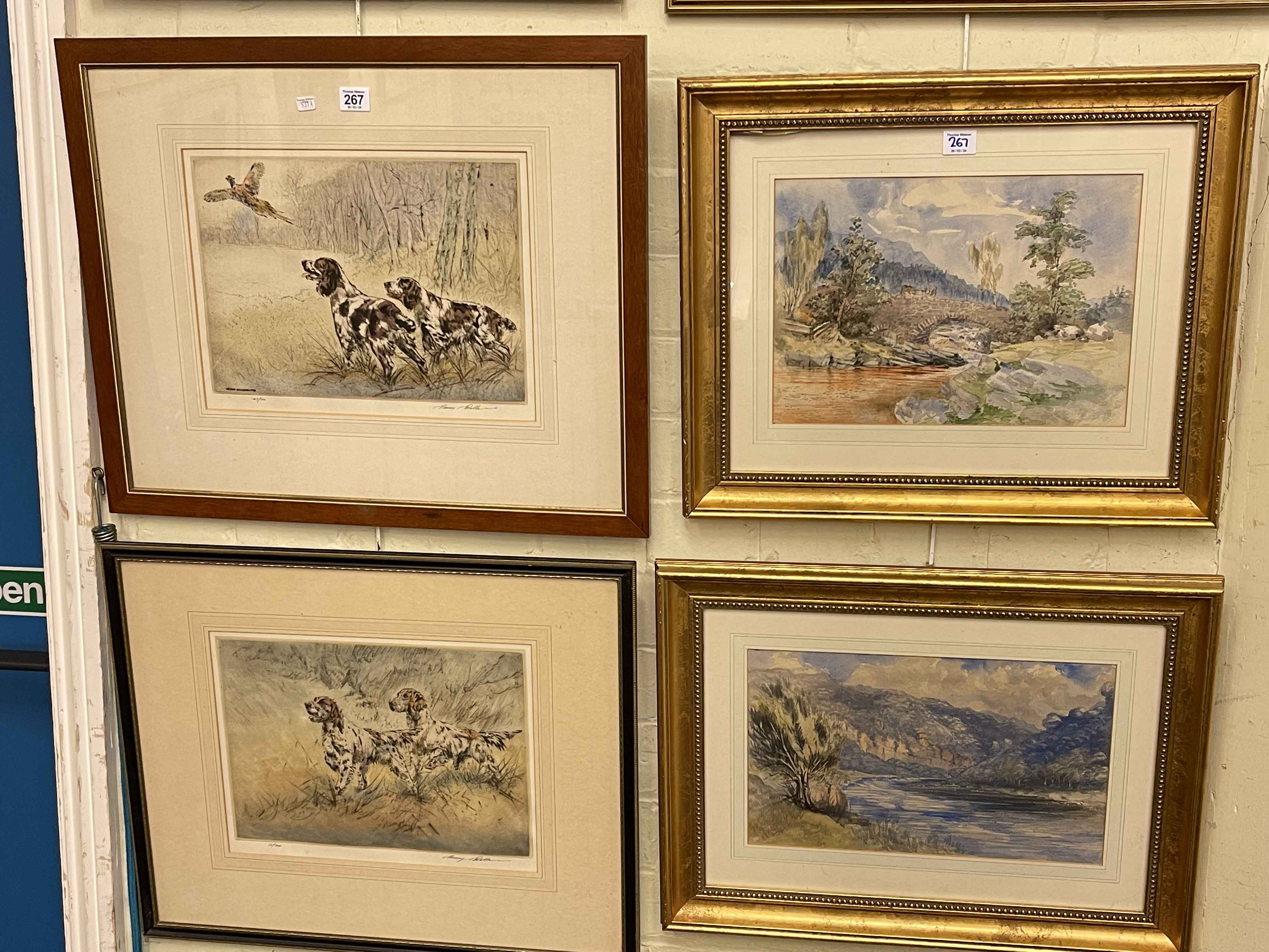 Henry Wilkinson, three framed limited edition prints; Pair framed landscape watercolours,