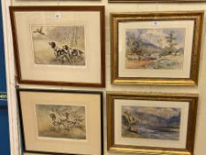 Henry Wilkinson, three framed limited edition prints; Pair framed landscape watercolours,