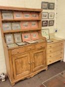 Stripped pine chest of four long drawers and part stripped shelf back dresser (2).