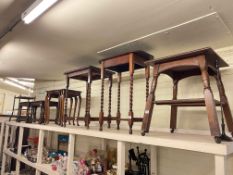 Three oak occasional tables, walnut nest of three tables,