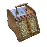 Late Victorian/Edwardian walnut and brass mounted coal box with patent door opening mechanism.