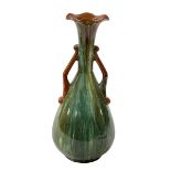 Linthorpe pottery green/brown streak glazed two handle vase, shape number 2076, 23.5cm.