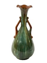 Linthorpe pottery green/brown streak glazed two handle vase, shape number 2076, 23.5cm.