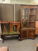 Mahogany four door concave standing corner cabinet, yew nest of three table,