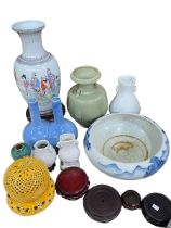 Collection of Oriental pottery vases, large blue and white bowl, yellow glazed pot pourri, vase,