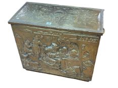 Ornate decorated two handled log bin, 55cm high.