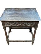 Carved oak single drawer side table, 71cm by 66cm by 50cm.