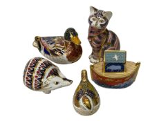 Five Royal Crown Derby paperweights including Hedgehog, Cat and Duck.