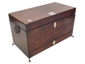 19th Century mahogany three compartment tea caddy with single front drawer,