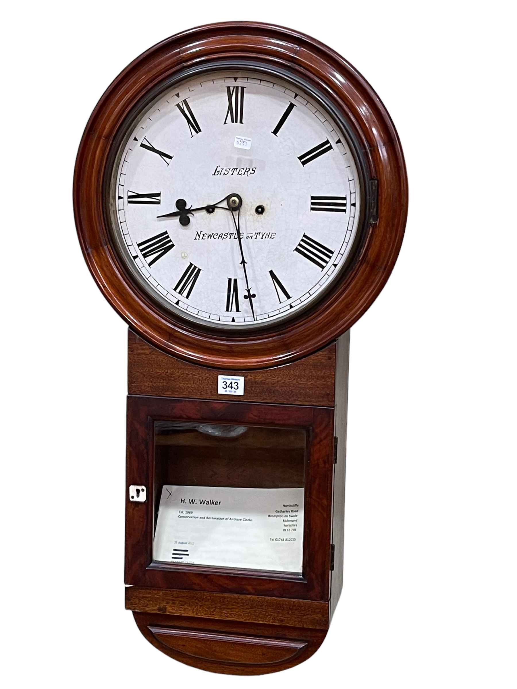 Victorian mahogany cased double fusee wall clock having circular enamelled dial, Listers,