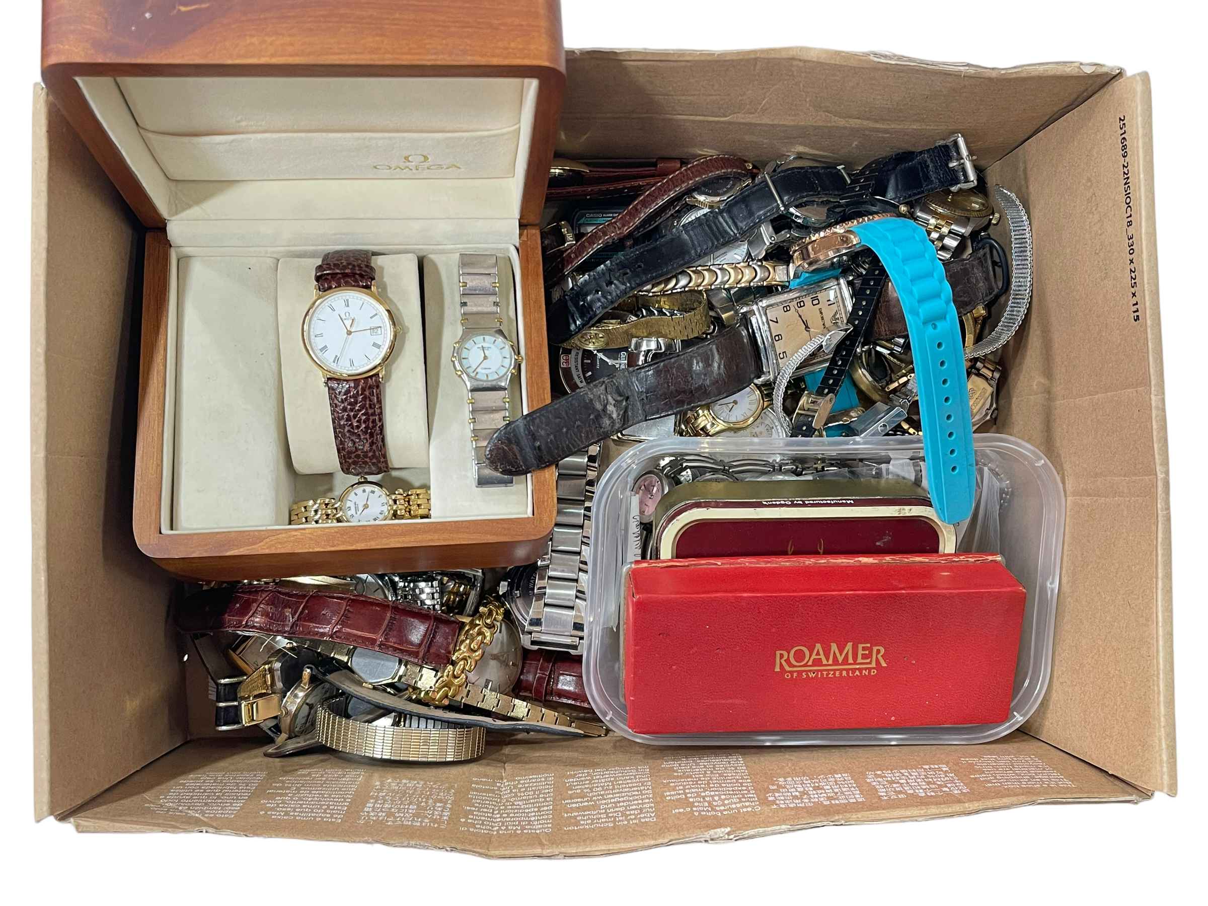 Box of wristwatches including Omega, Raymond Weil.