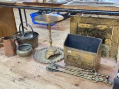 Collection of Victorian and later brassware including jam pans, firescreen, fire irons, etc,