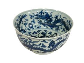 Chinese blue and white bowl decorated with dragons both internally and externally,