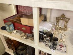 Collection of silver plated wares, trunk, linens, picture frames, etc.