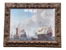 Gilt framed coloured print of 18th/19th Century French Warships, 70cm by 90cm, including frame.