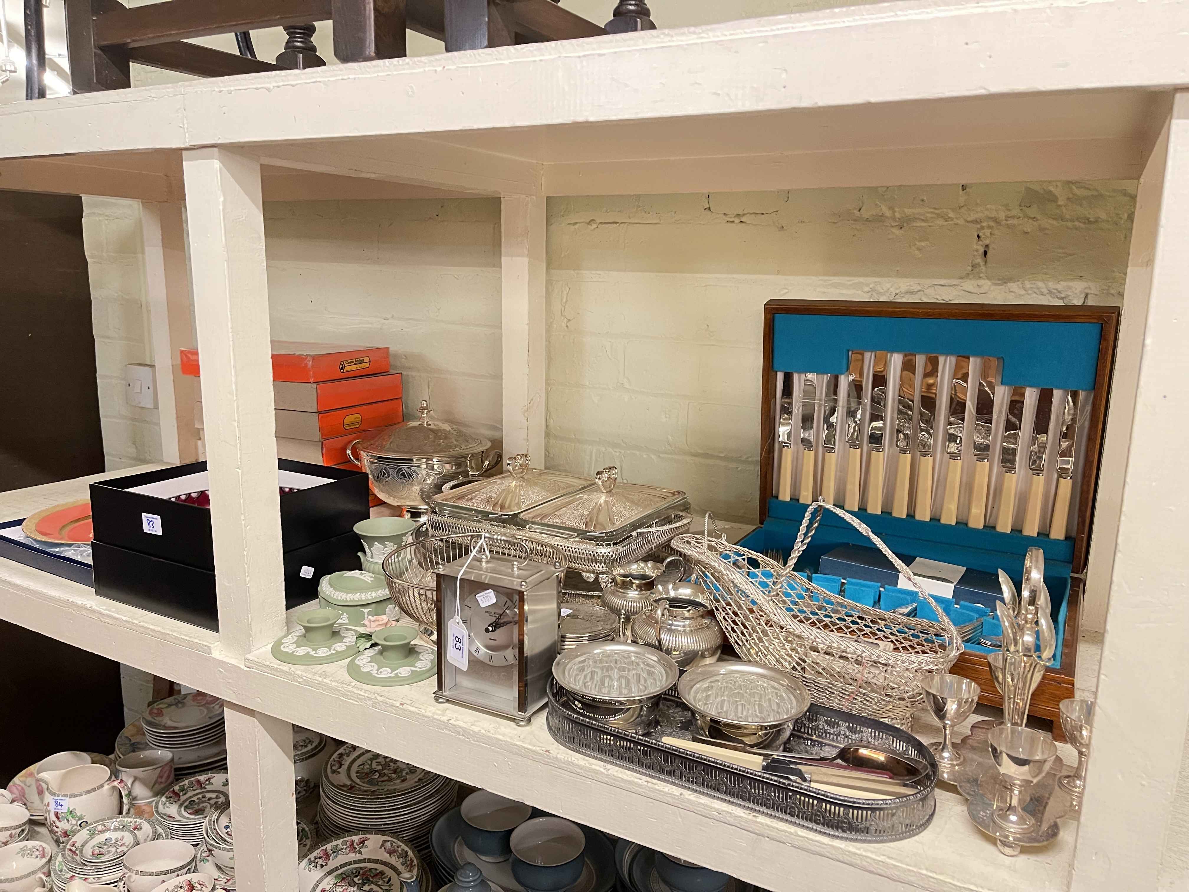 Collection of silver plated wares including canteen of cutlery, tureens, green Wedgwood Jasperware,