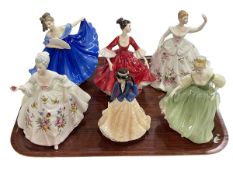 Five Royal Doulton figurines including Fair Lady and Diana, and Royal Worcester 'Annabel'.