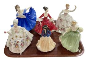 Five Royal Doulton figurines including Fair Lady and Diana, and Royal Worcester 'Annabel'.