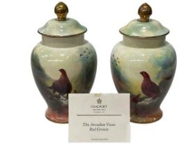 Pair Coalport limited edition 'The Arcadian Vases Red Grouse' painted by Richard Budd, 26.5cm.