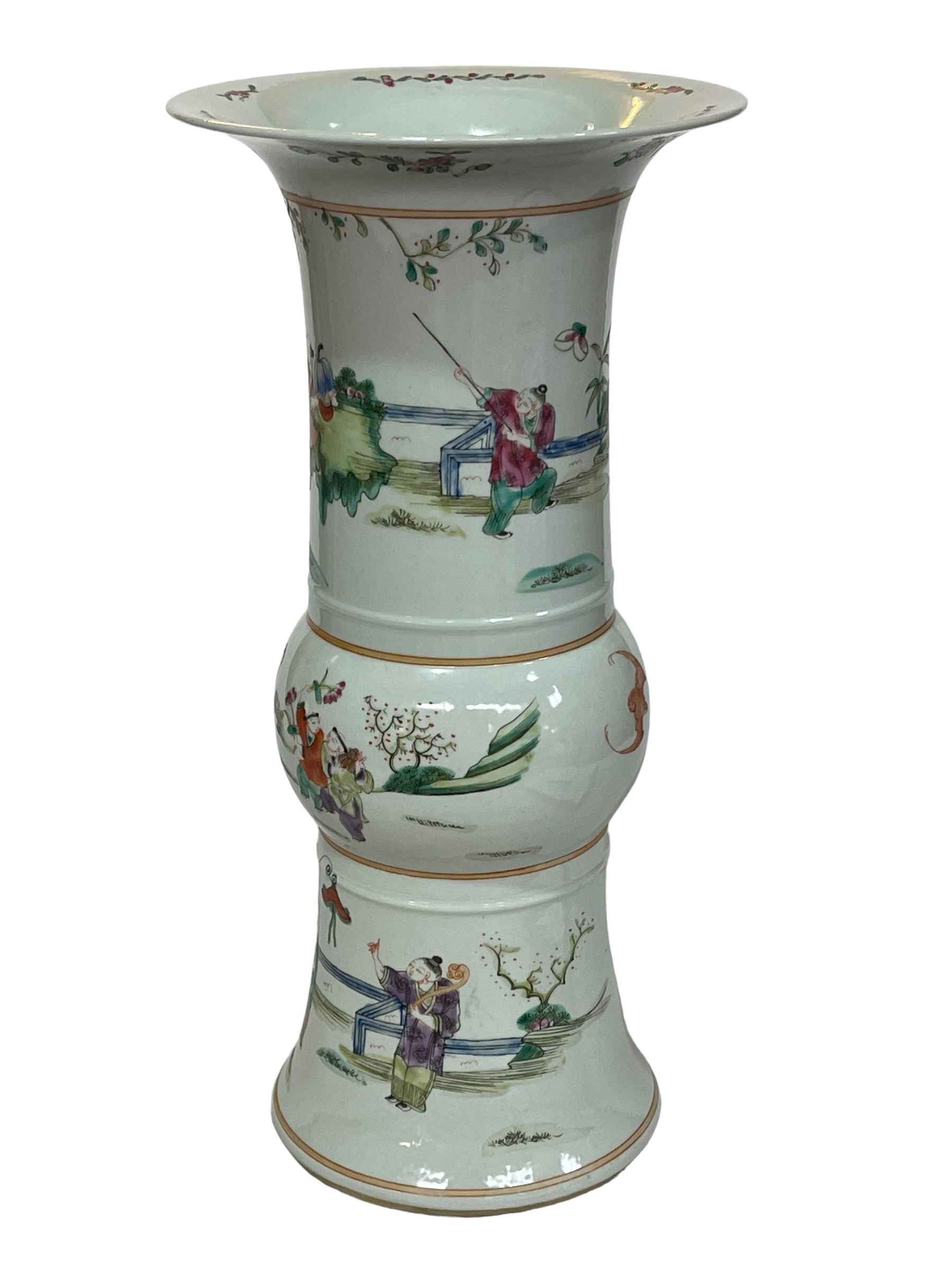 Large Chinese vase with flared rim and waisted band decorated with figures in landscapes, - Image 3 of 4