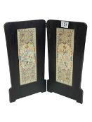 Oriental folding ebonised wood table screen with silk embroidered panels, 32cm.