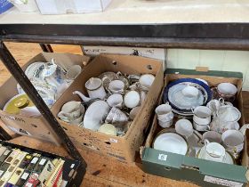 Three boxes of various tea and dinnerwares, Oriental picture, etc.