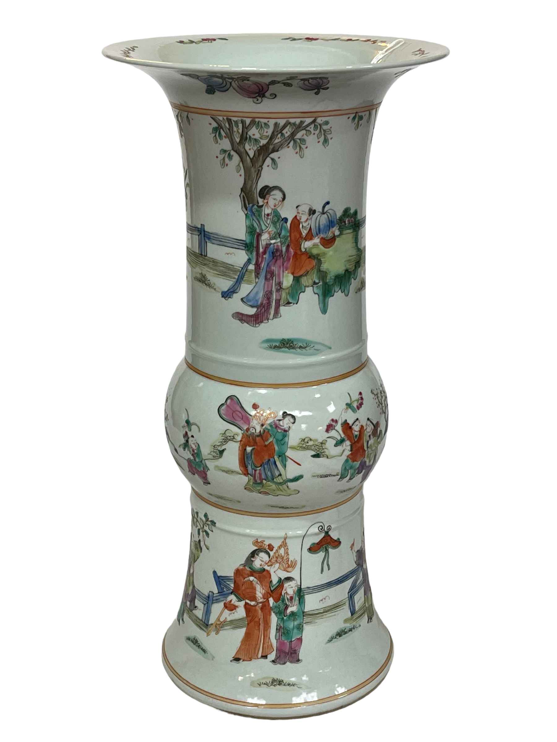 Large Chinese vase with flared rim and waisted band decorated with figures in landscapes, - Image 2 of 4