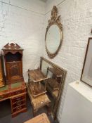 Victorian inlaid walnut two tier whatnot, ball and claw leg coffee table, two gilt framed mirrors,