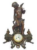 Art Nouveau spelter winged cherub clock with enamel dial, 52cm high.