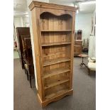 Pine open bookcase with five adjustable shelves, 198cm by 89cm by 33cm.