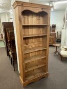 Pine open bookcase with five adjustable shelves, 198cm by 89cm by 33cm.