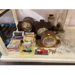 Victorian mantel clocks, Diecast vehicles, Babycham glasses, oil lamps, etc.