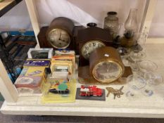 Victorian mantel clocks, Diecast vehicles, Babycham glasses, oil lamps, etc.