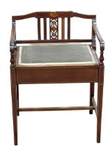 Edwardian inlaid mahogany piano stool, 74cm by 53cm by 40cm.